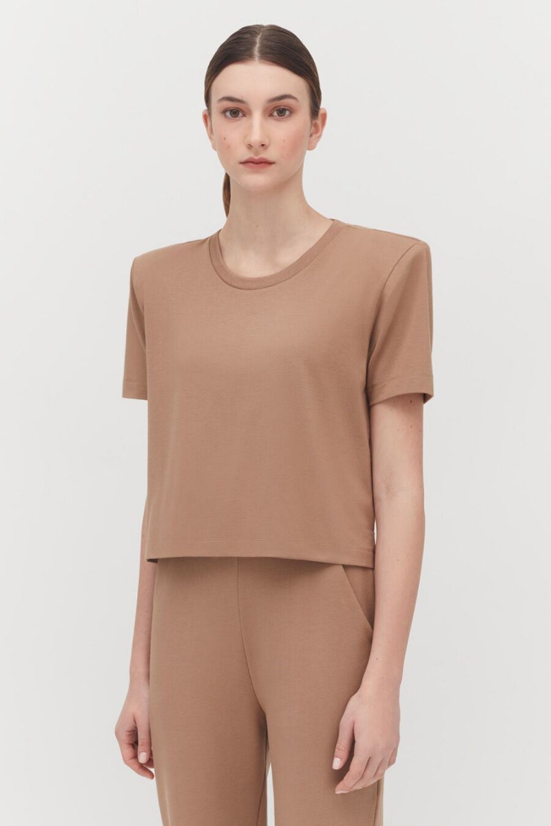 Cuyana Gewatteerd Shoulder Cropped Tee T-shirts Dames Khaki | KPI7082NF