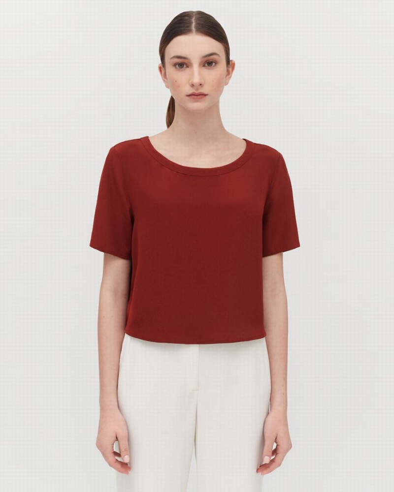 Cuyana Silk Cropped Crewneck Tee T-shirts Dames Donkerrood | PYS5018DU