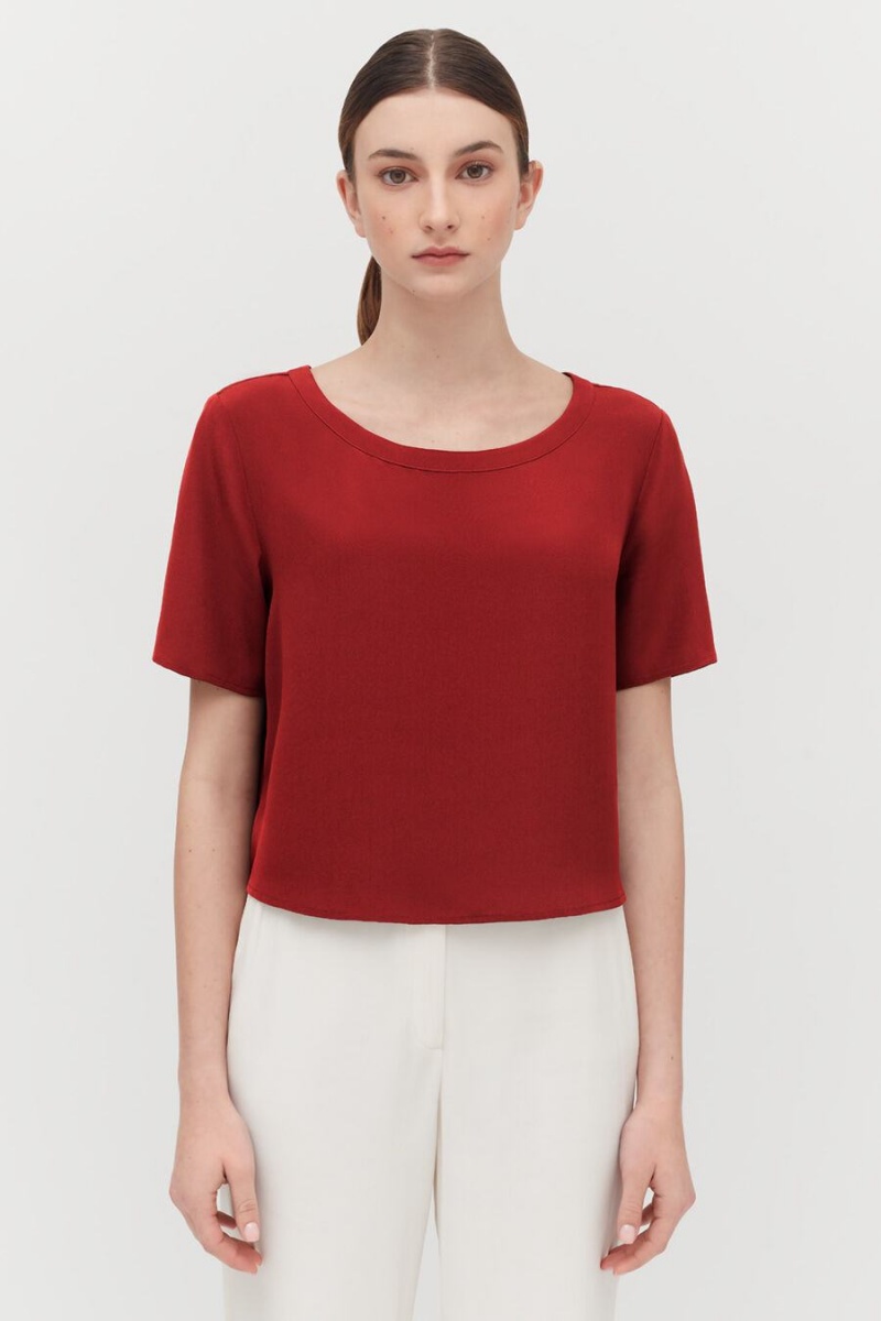 Cuyana Silk Cropped Crewneck Tee T-shirts Dames Rood | NLX2137GE