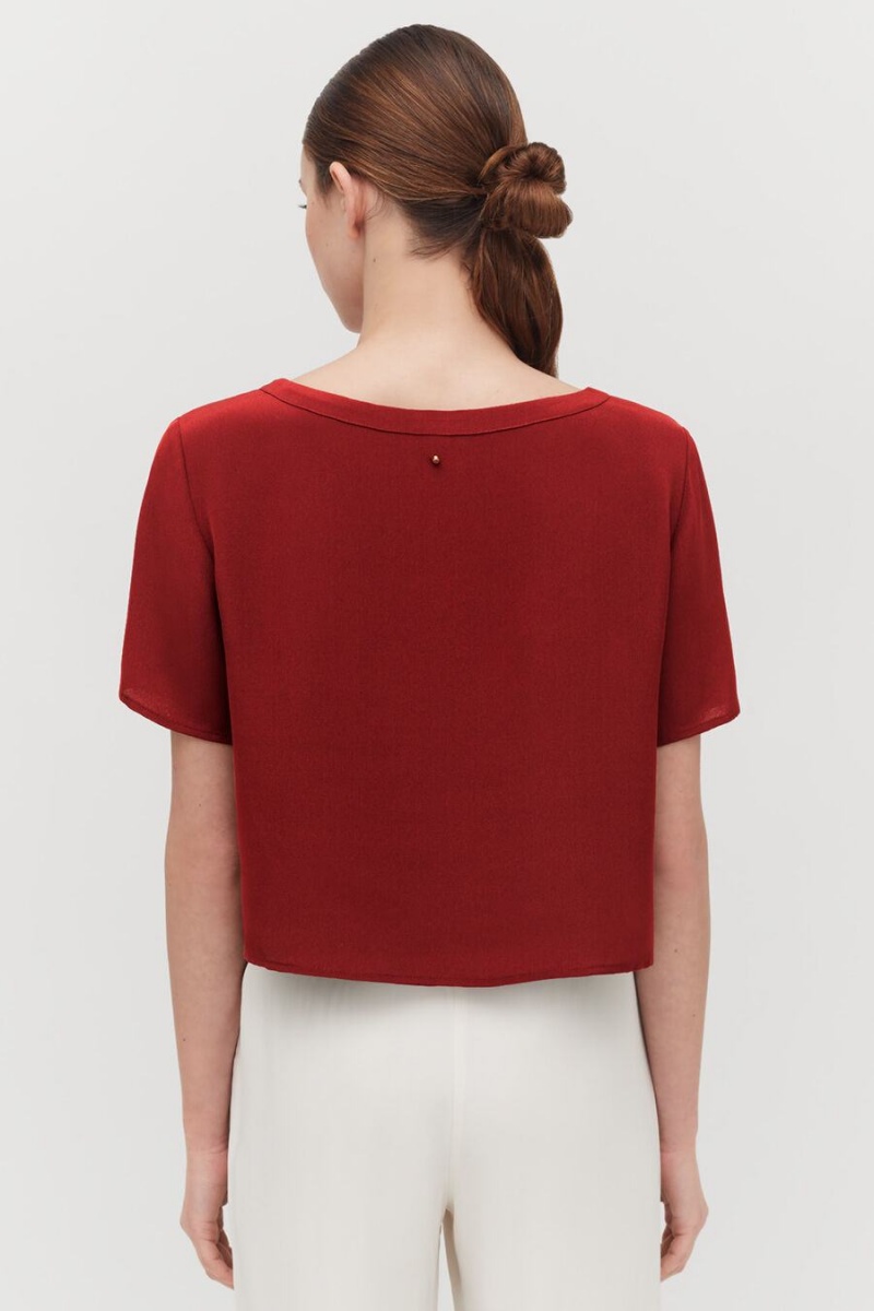 Cuyana Silk Cropped Crewneck Tee T-shirts Dames Rood | NLX2137GE