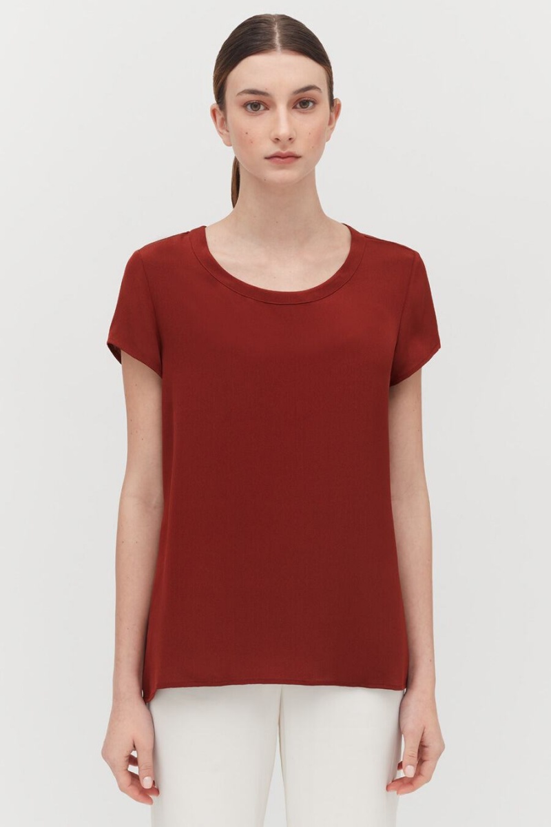 Cuyana Silk High-Low Tee T-shirts Dames Donkerrood | VZR775SX